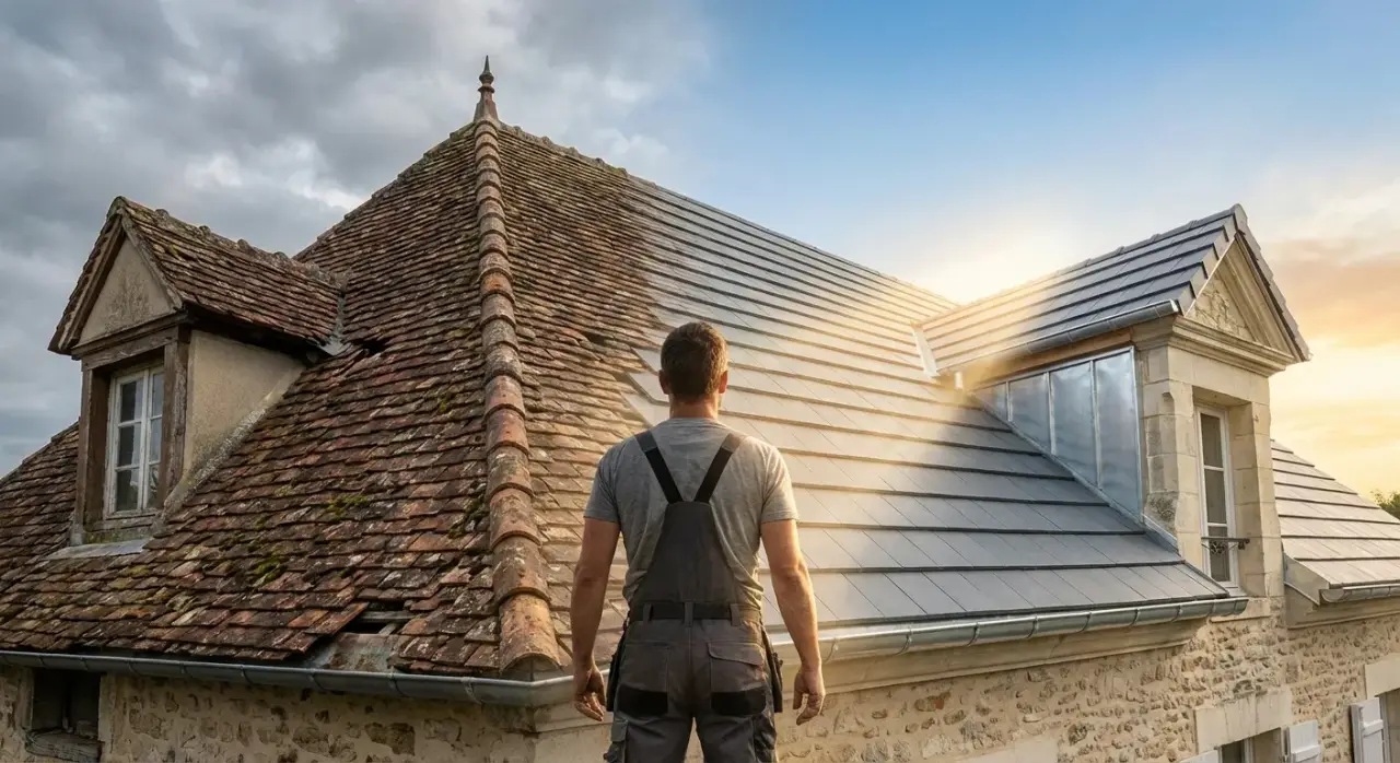 \u00c9quipe ASM Couverture sur un chantier - artisans en gilet de s\u00e9curit\u00e9